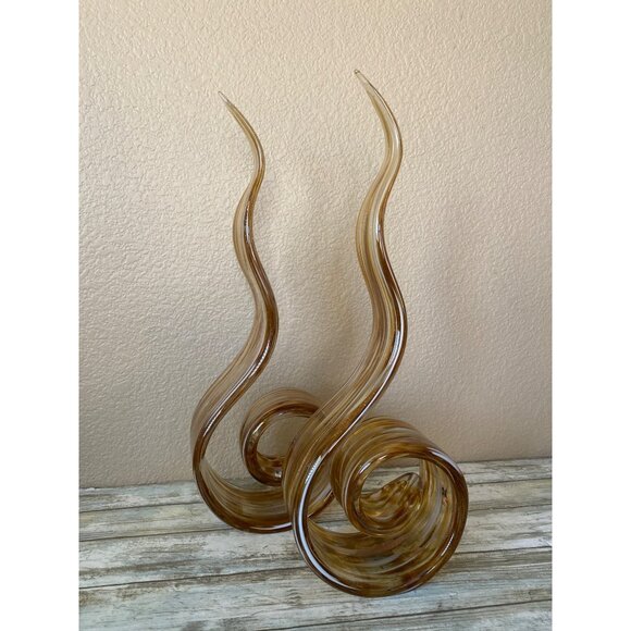 HQT Handcrafted Amber Swirl Art Glass Sculptures 12" – Set of 2 Murano Style Fla - Picture 1 of 13